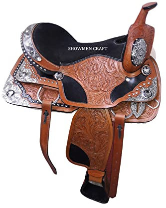 SHOWMEN CRAFT Westernsattel aus Leder mit silberfarbenen Eckconchos mit passendem Halfter und Brustkragen (43,2 cm)