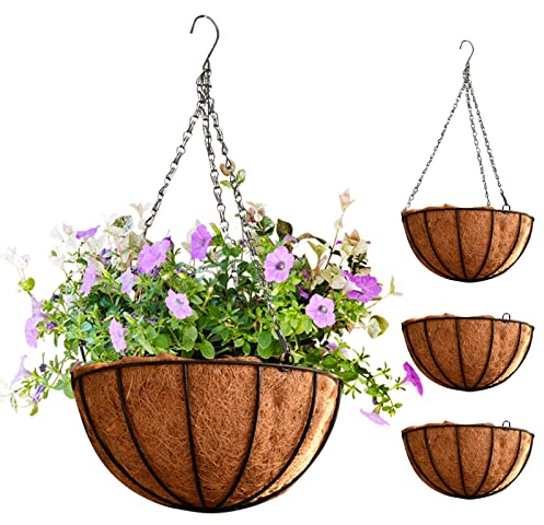 WAIZHIUA 4Pcs 20cm Garden Hanging Basket & Coco Liner, Round Hanging Basket Pots Ideal for Trailing Plants and Flowers Growth, for Indoor Outdoor Garden Porch Balcony Patio Decoration