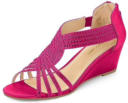 PIZZ ANNU Women's Diana Low Wedge Sandals Sparkly Rhinestone Open Toe Fashion Dress Shoes for Woman Lady in Bridal Dance Evening,Nude,White,Hot Pink,Red