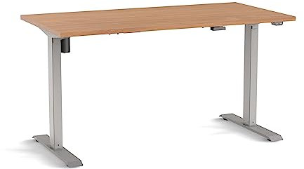 Eigentlich Schreibtisch elektrisch höhenverstellbar von 73,5-123,5 cm, Tischgestell Silber, Kufen rechteckig, Bürotisch ergonomisch, Steh-Sitz-Arbeitsplatz (Buche, 140 x 80 cm)