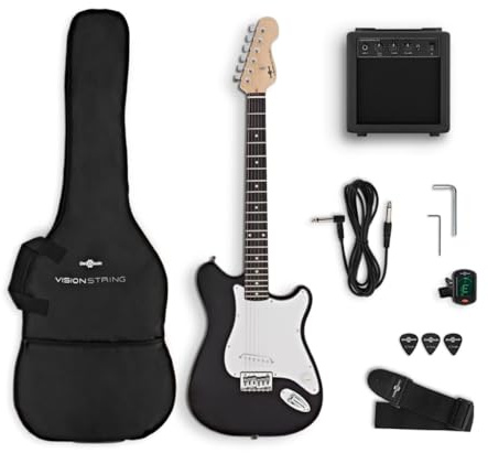 VISIONSTRING E Gitarre 3/4 mit Verstärker 10W für Kinder - Elektrische Gitarren Set mit Gitarrentasche, Plektrum, Gurt, Stimmgerät, Instrumentenkabel - Elektrogitarre Schwartz von Gear4music