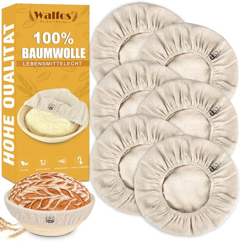 WALFOS 6 PCS Runde Leineneinsatz für Gärkorb, Gärung Korb Leinen Liner, 100% natürliche Baumwolle, ideal für Haus und professionelle Bäcker (25.5cm)