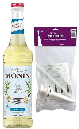 MONIN - Vanille Sans Sucre + 1 Pompe à Sirop - Pour Café, Chocolat Chaud, Capuccino ou Latte - Arômes Naturels - Bouteille en Verre - 70 cl
