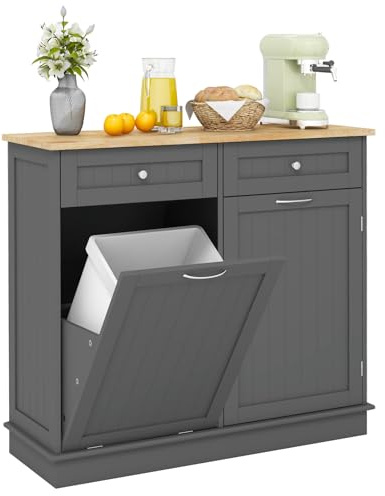 COSTWAY Buffet Cuisine 2 Tiroirs, Placard 42L, Étagère Réglable, Meuble Cuisine avec Plan de Travail en Caoutchouc, Meuble Poubelle Rangement 2 en 1, Armoire Rangement, 100 x 35 x 91 cm(Gris)