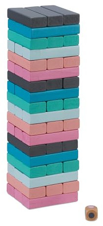 Relaxdays Tour vacillante, Cubes à empiler, 54 Blocs de Bois avec dé, H x L x P : env. 26,5x7,5x7,5 cm, Multicolore