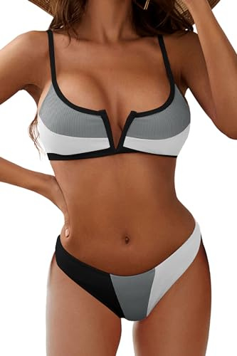 ZAFUL Women's High Cut Bikini Sets Ribbed V-Wire Cami Bikini Two Piece Swimsuit (2-Black White, M)