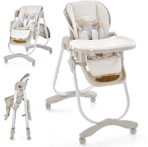 DREAMADE Klappbarer Hochstuhl Baby, Kinderhochstuhl mit verstellbarer Rückenlehne, Fußstütze & Höhe, Hochstuhl mit Doppeltablett & 5-Punkt-Sicherheitsgurt, für Kinder 6-36 Monaten (Beige)