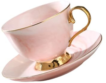 ABOOFAN Teebecher mit Deckel 250ml aus Keramik Rotes Marmor Design mit Keramikuntertasse Modern für Kaffee Tee und Kakao
