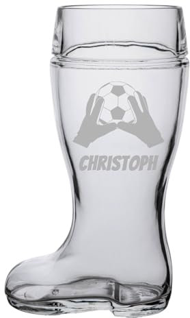 LUXENTU Bierstiefel mit Gravur, Bierglas mit 1,0 Liter Füllstrich, Personalisiertes Glas mit Name & Fußball-Motiv, Geschenk zum Vatertag/Geburtstag, Spülmaschinengeeignet, Torwarthandschuhe