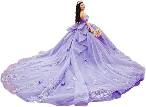 TSxuelian Vestidos de Quinceañera con Purpurina y Hombros Descubiertos para Mujer, Vestido de Baile Hinchado Dulce 16 con Lazo, Lila, 42