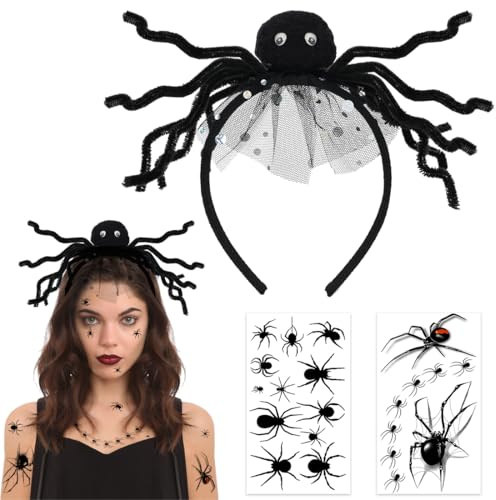 Spinnen Haarreif Halloween, Halloween Haarschmuck Spinne Kinder Damen, Halloween Kopfschmuck Spinne mit Tattoos, Accessoire Haarreif Spinne Kostüm für Kinder Damen Halloween Fasching Karneval