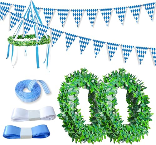Dumeher DIY Oktoberfest Deko DIY Bayerische Dekokranz Maibaum mit Oktoberfest Wimpelkette Deko Oktoberfest für Bierfest Party Hausgarten Bar, Blau/Weiß, Kranz-Durchmesser: 30~40cm