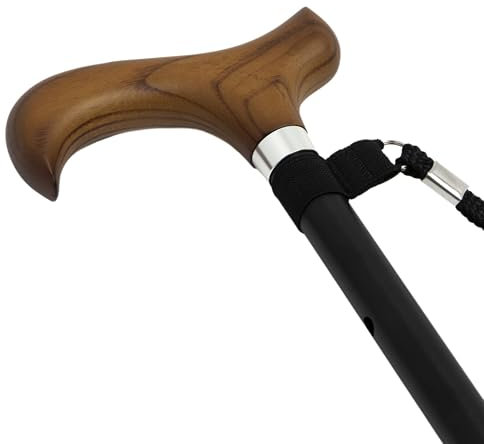 Cymam Ausziehbarer Gehstock für ältere Menschen – Aluminium mit ergonomischem Holzgriff, beidhändig, mattschwarz, mit Sicherheitsgurt