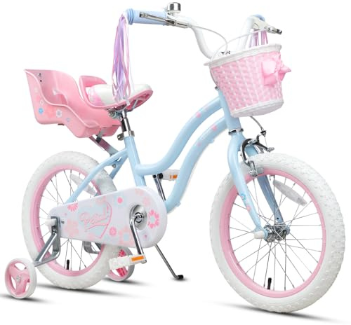 Glerc 16 tums barncykel för 4-5 6-7 år gamla flickor, prinsesstil med styretofsar och korg och stödhjul, blå