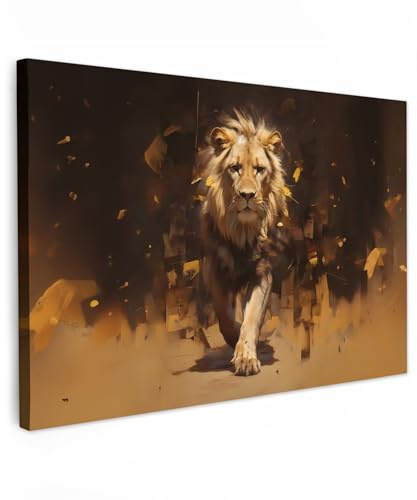 MuchoWow© Wandbilder Groß XXL Schlafzimmer Home Deko Wohnung Bild | 120x80 cm - Wohnzimmer Fotoleinwand Wand Bilder Leinwand Wall Decor Löwe - Gemalt - Abstrakt - Gold