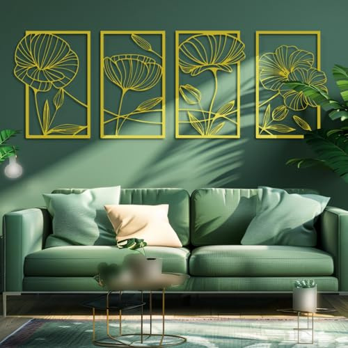 Minimalistische Wanddekoration aus Metall, Dekor 4 Stück Abstrakte Blumen Ästhetische Kunst, Hängende Wandskulptur für Wohnzimmer, Schlafzimmer, Büro, Yogazimmer (Gold)