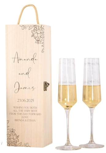 Personalised Wooden Wine Gift Box, Wedding Champagne Presentation Case, Floral Design, 11 cm x 35 cm