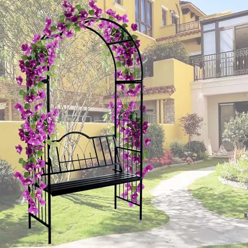Générique Arche à Roses pour Jardin avec Banc,Arche de Jardin Arceau à rosiers Métal avec siège,Colonne de Jardin en métal Arceau de Plantes grimpantes,210cm H x 114cm L,Noir(Noir)