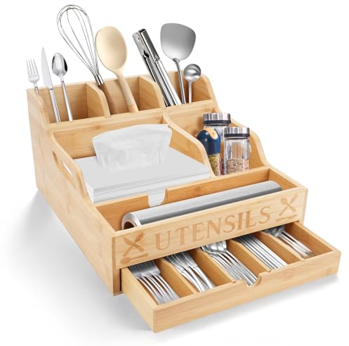 MAIJIAJU Large Utensil Holder with Drawer, 11 Compartment Bamboo Kitchen Utensil Organiser Pot with Drainage Bottom, Farmhouse Decor Cooking Tools Cutlery Caddy Storage for Countertop Parties, Nature