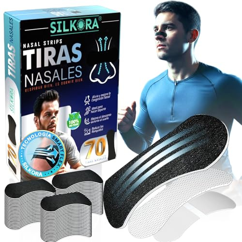 SILKORA® SUPER PACK AHORRO 70 Tiras Nasales NEGRAS Deportivas ANTIRONQUIDOS + Manual Del Sueño | Nasal Strips Creadas Con Tecnología AVANZADA | Tiritas Nariz Para Dormir y Deporte