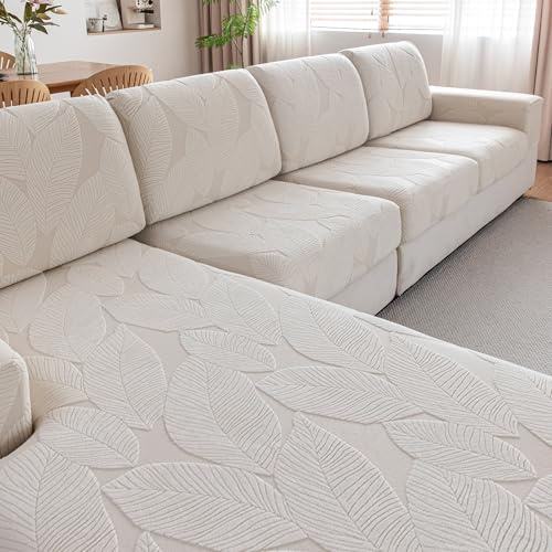 OHSIO Sofa Überzug – Universeller elastischer Sofabezug für Sitzkissen, rutschfest, waschbar & pflegeleicht, ideal für Sofa-Schutz(Elfenbein/Blattmuster, 1x Sitzbezug XL)