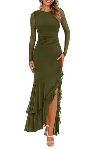 BTFBM Women's Maxi Dresses Fall 2025 Long Sleeve Ruched Bodycon Solid Ruffle Mermaid Cocktail Wedding Guest Dress(Army Green,Medium)