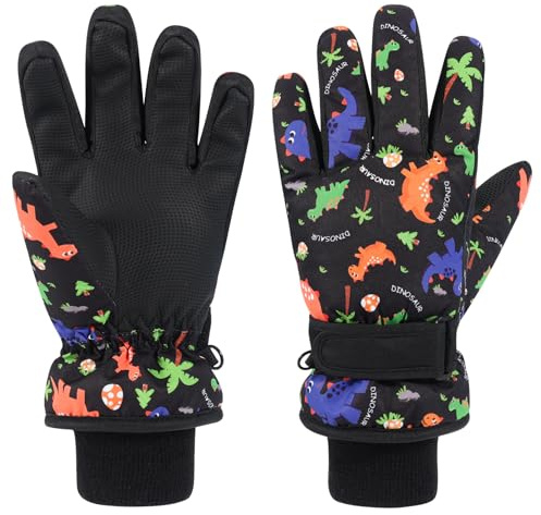 QKURT Guanti da sci per bambini motivo a dinosauro, guanti invernali antiscivolo in PU per bambini, caldi, per slittino, snowboard, antivento, guanto per il freddo, guanto da neve, età 4-9