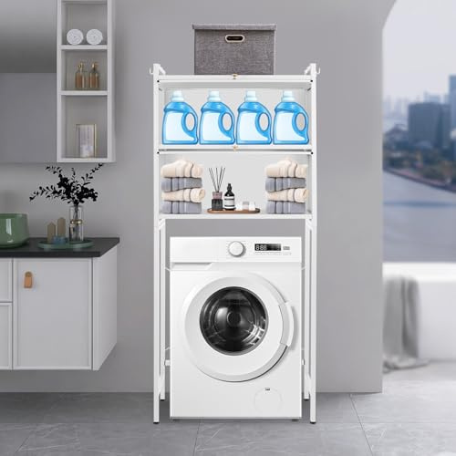 Estantería para lavadoras, organizador de almacenamiento para lavadoras, 70 x 25 x 167 cm, color blanco, con 3 niveles y 6 ganchos, estantería estable para cuarto de baño, construcción de acero al