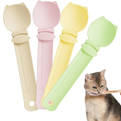 4 Pcs Cuillères Nourriture pour Chats, Cuillères à Presser pour Nourriture pour Chat, Mangeoires à Bande pour Chats pour Purées Snacks Liquides