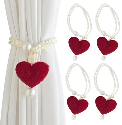 KASESSS 4 Pezzi Ferma Tende, Cuore di Peluche Fermatenda, Fermatende per Tenda, Resistente Perla Fermatende e Raccogli Tenda Regolabile per Casa, Ufficio, Decorazione Alberghiera Tende Leggere