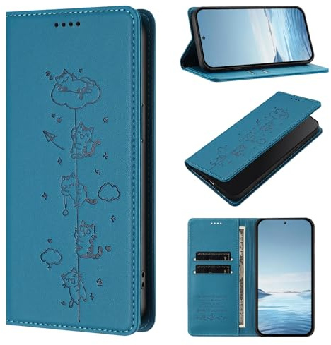 BEENTRYS Cuero PU Funda para Motorola Moto E20 / E30 / E40 Funda,Carino Gato Cartera con Tapa Ranuras para Tarjetas Soporte Magnético Flip Case Protección RFID Antigolpes Carcasa-Azulclaro