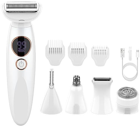 Rasoir Femme 5 En 1 Multifonction, Rasoirs Électriques Femme Pour Maillot, Visage, Le Nez, Les Bras, Les Aisselles Et Les Jambes (Blanc)
