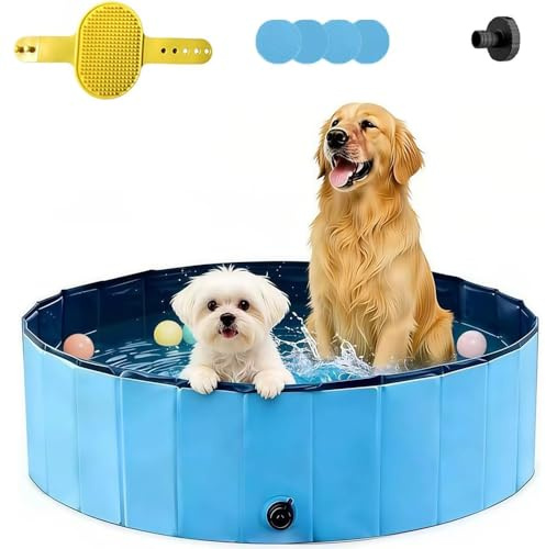 Hundepool 100x30 Faltbar, Hundeplanschbecken, Keine Pumpe benötigt, aus kratzfestem PVC-Material, Anti-Rutsch-Belag & schnelle Entleerung, Hundebadewanne mit Badebürste Ablassventil PVC-Aufnäher x 4