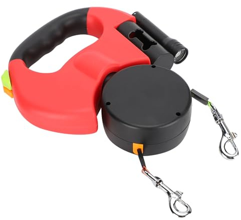 Generic Automatiskt Förlängbart Dubbelkoppel med LED-ljus, Flexibelt Dragrep för Hundkatt, 360° Roterbart Handhållning med två Huvuden, mörkgrå, 118 Tum (Röd)