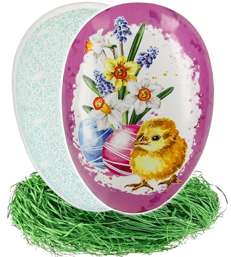 alles-meine.de GmbH XXL - Ostergras & Füll - Pappei 36 cm - süßes Küken mit Osterei & Osterblumen - Osterei/Ei zum Befüllen - Deko Pappe Papp Pappeier - Dekoei Pappostereier Fü..
