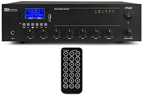 Power Dynamics PPA30 100V Line PA Mixer Amplifier, 30W Bluetooth Audio Amplifier with MP3 Player, USB, SD, FM, IR Remote for Commercial Audio Installation