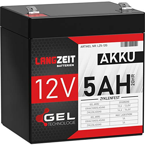 LANGZEIT Akku 12V 5Ah Gel Profi Blei-Akku USV extrem zyklenfest vorgeladen auslaufsicher ersetzt 4Ah 4,5Ah