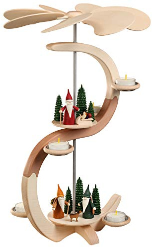 Seiffener Volkskunst Pyramide Waldwichtel und Weihnachtswichtel S-Form 2 Etagen Exclusiv Höhe 46 cm Original Erzgebirge Seiffen Holzkunst