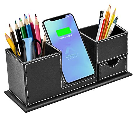 Chargeur sans Fil Rapide avec Organisateur de Bureau, Porte-Stylo pour la Station de Charge Qi, pour iPhone 11 / XS Max/XR/XS/X / 8, Galaxy S20 / S20 + / S10 / Note 10 / Note 9