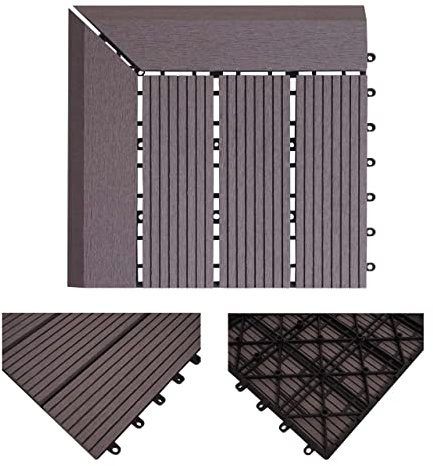 Mendler WPC Eck-Bodenfliese Rhone + Abschluss - Ecke links, grau linear | Holzoptik Terrasse, 30x30cm, Premium