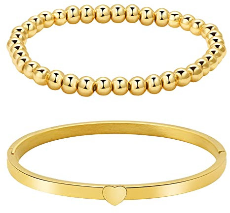 JewelryWe Schmuck 2 Stück Damen Armband Edelstahl Poliert Herz Liebe Armreif Armspange Kugeln Perlen Armkette Stretcharmband Gold