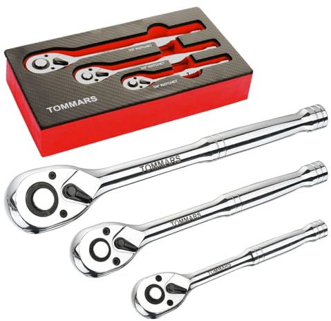 TOMMARS Ratchet Set 1/4 3/8 1/2 Drive Ratchet Socket Wrench Kit 72-Tooth Quick-Release Reversible, Cr-V Alloy Steel