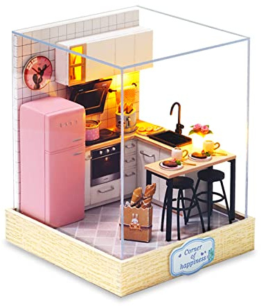 Cuteefun DIY Puppenhaus Miniatur für Staubschutzhaube, Anfänger zum Bauen | Miniatur Puppenhaus zum Selber Bauen, Minaturen Häuser Kit mit Werkzeugen, Bastelset Häuschen Holz (Küche)
