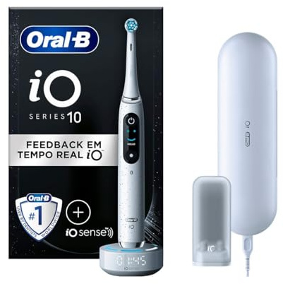 Oral-B Wiederaufladbare elektrische Zahnbürste iO 10, Drucksensor, interaktives Display, künstliche Intelligenz mit Live Coaching, 1 Bürstenkopf, 1 Zahnbürste, Reiseetui, Weiß, Geschenkidee