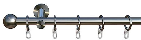 tilldekor Gardinenstange nach Maß, Formentor, 1-lauf, Edelstahl-Optik 20 mm Durchmesser, Wunschmaßlänge 190 cm inkl. Trägern,Endstücken, Ringen und Faltenlegehaken