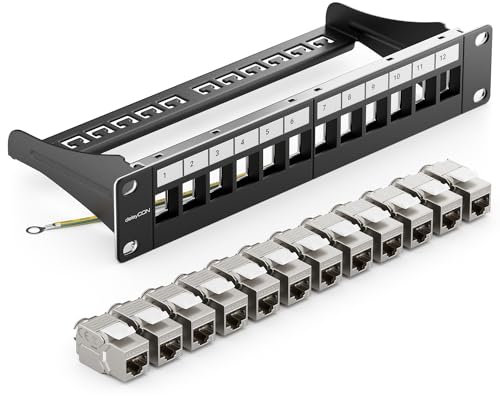 deleyCON 12 Porte Set Pannello Patch CAT 8 10 Pollici 1RU + 12x RJ45 Jack Keystone Modulo CAT8 da 40 Gbit/s 2000 MHz Compatibile con Cavi d'Installazione CAT7 CAT-8 Cavi Ethernet o di Rete