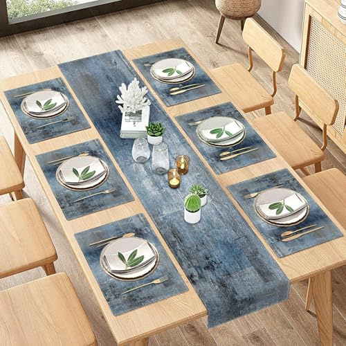 ArtSocket Camino de Mesa y manteles Individuales de Granja, Juego de 6, Abstracto, Azul, Gris, Gris, Pintura Vintage, decoración de Mesa de Comedor para Uso Diario (1 Camino de Mesa de 72 Pulgadas de