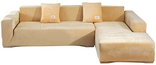 ele ELEOPTION Sofa Überwürfe elastische Stretch Sofa Bezug 2er Set 3 Sitzer für L Form Sofa inkl. 2 Stücke Kissenbezug (Pur Beige)