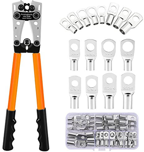 Battery Cable Crimping Tool for 6/10/16/25/35/50 mm² Battery Copper Ring Terminals,Copper Lugs, Heavy Duty Crimper for Wire Lugs (HX50B Crimper+60Terminals)