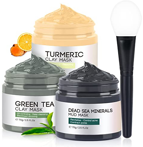 BOJICA 3PCS Clay Face Mask Skincare - Facial Skin Care Mask for Deep Pore Cleansing Turmeric Dead Sea Mud Green Tea Purifying and Hydrating - Reduce Acne Blackheads for Women and Men 2.5 OZ each